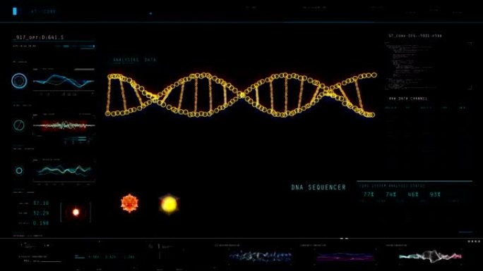 DNA分子链在实验室设备屏幕上旋转，遗传研究，科学
