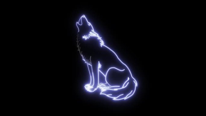2d霓虹动画狼对着月亮嚎叫。红色和蓝色的光形成野生骄傲动物的身体在黑色的背景。动物,野生动物。