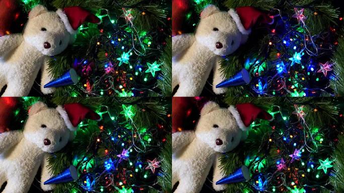 泰迪熊装饰圣诞灯顶视图相机角度。