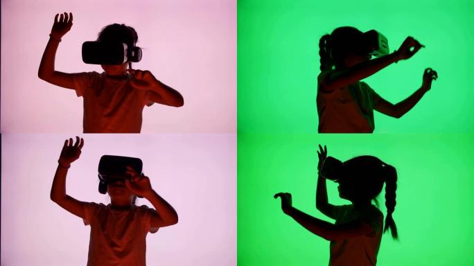 小女孩使用交互式Vr耳机，头昏眼花，享受虚拟现实