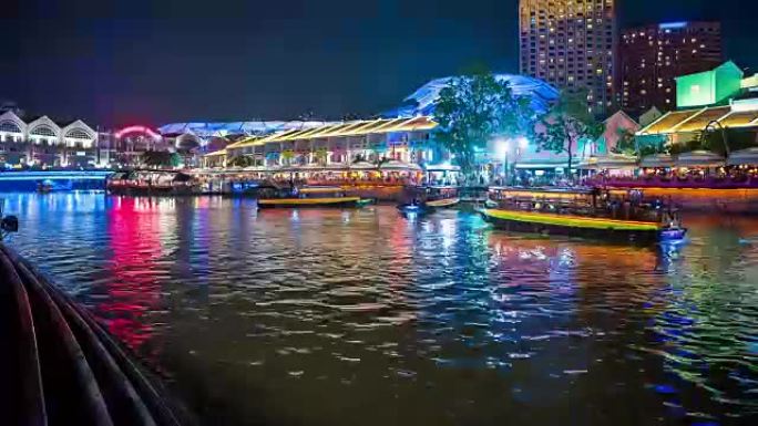4k延时: 晚上在克拉克码头区的新加坡船旅游港口