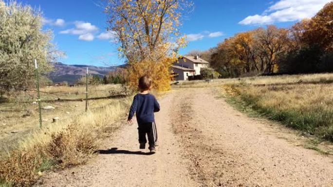 在晴朗的天空下，一个两岁的白人男孩沿着一条土路奔向西科罗拉多州的一所房子