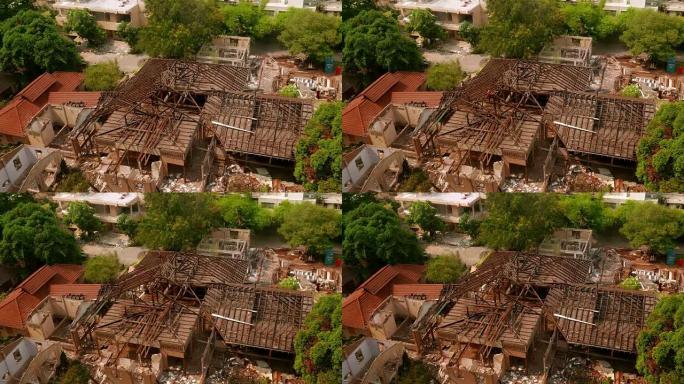 拆迁房屋木质框架结构俯拍俯瞰乡村农村