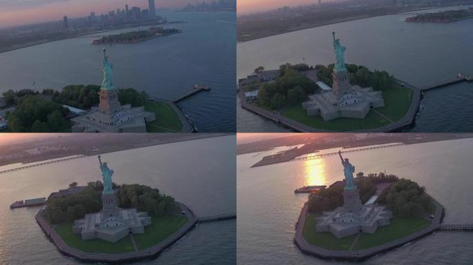 纽约市航拍镜头自由女神景观景点塑像雕塑