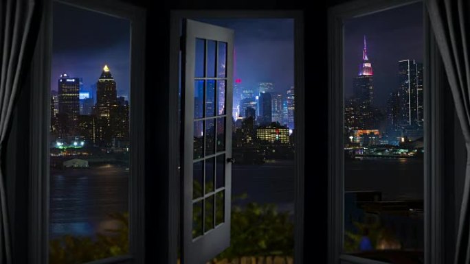 纽约夜窗景观延时城市景观摩天大楼