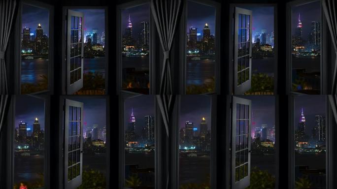 纽约夜窗景观延时城市景观摩天大楼