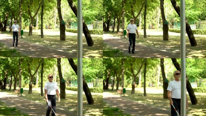 盲人老人用白手杖发现障碍物，撞到公园的柱子上