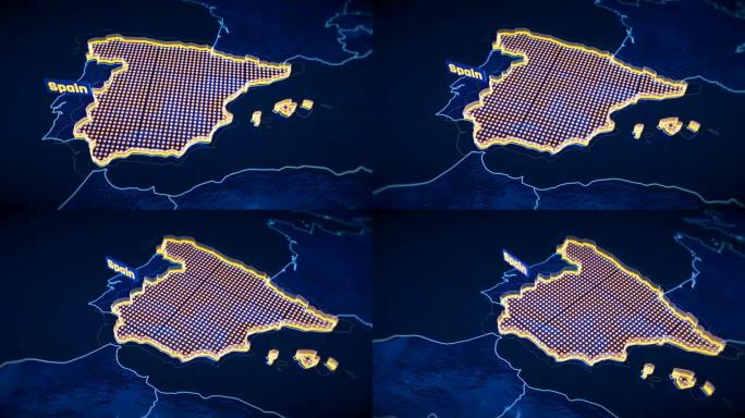 西班牙国家边界3D可视化，现代地图轮廓，旅行
