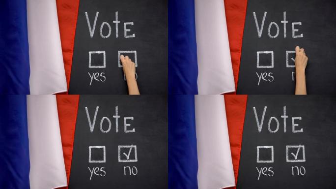 背景是法国国旗，在投票中手写没有答案，社会民意测验