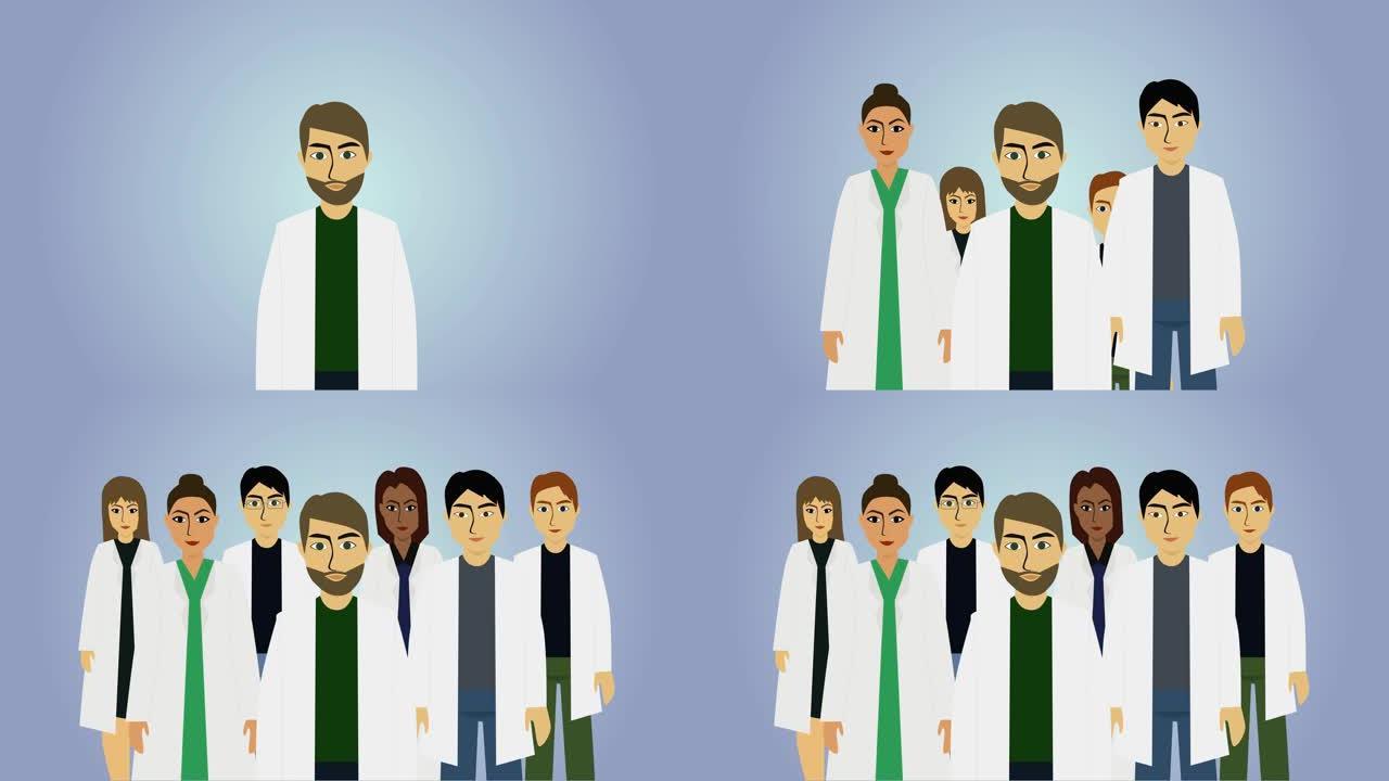 2D动画，不同种族的医生出现。穿着白色工作服的成年人微笑着。医疗保健和医学，专业职业。