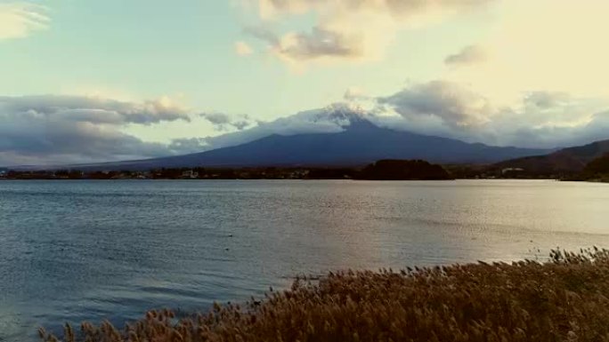 富士山上的飞行景色，秋天的森林阳光照耀着美丽的阳光，无人机的景色。