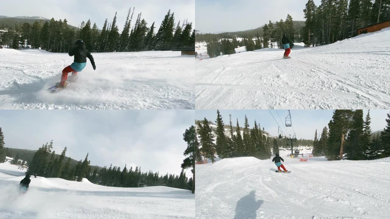 穿着全套冬季装备的滑雪者在跳跃和特技滑轨上完成了多种技巧 (“5050”，“前板滑轨270”，“间隙