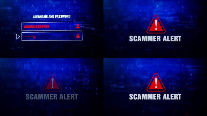 SCAMMER警报警报警告错误消息在屏幕上闪烁。