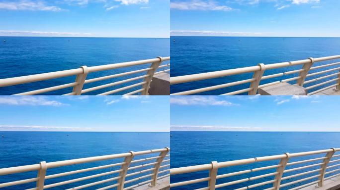 游客们在游轮上甲板行走的POV，干净的蓝色海洋，生态概念