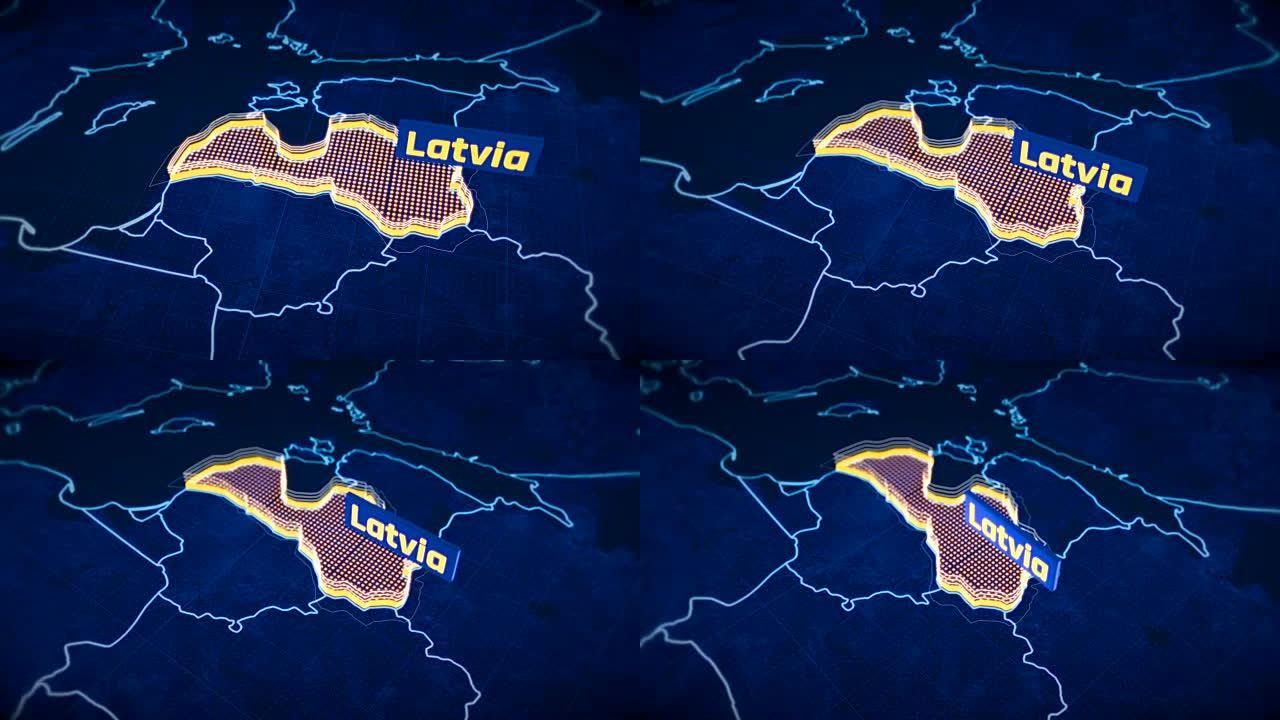 拉脱维亚国家边界3D可视化，现代地图轮廓，旅行