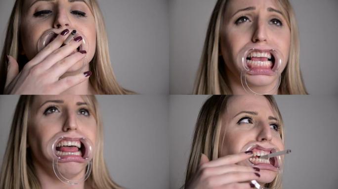 护齿挑战保护牙齿女人抽烟演示