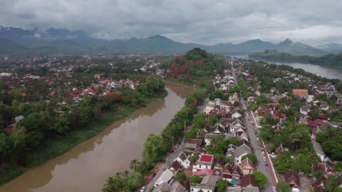 鸟瞰图无人机飞越老挝琅勃拉邦