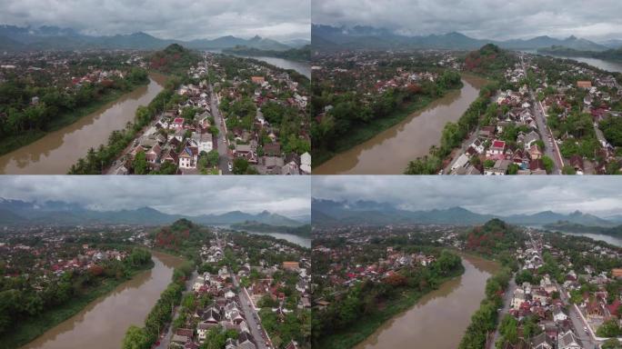 鸟瞰图无人机飞越老挝琅勃拉邦
