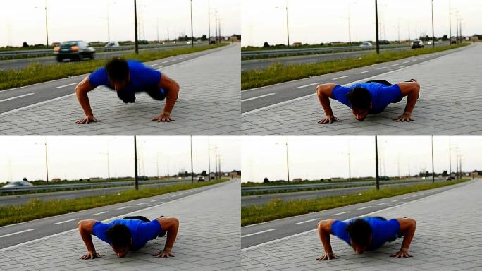 强壮运动员在户外做弹跳俯卧撑的视频