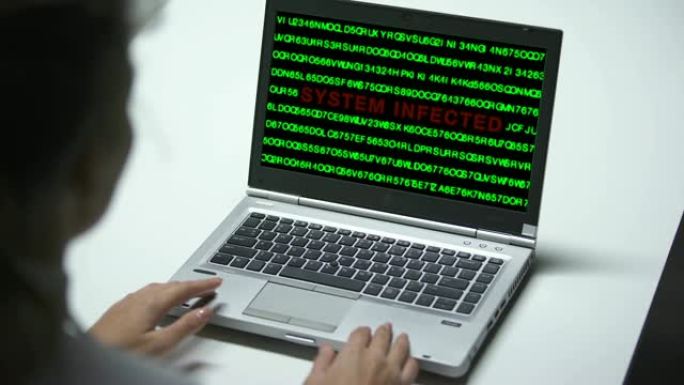 笔记本电脑上的系统感染，在办公室工作的妇女，网络犯罪，特写