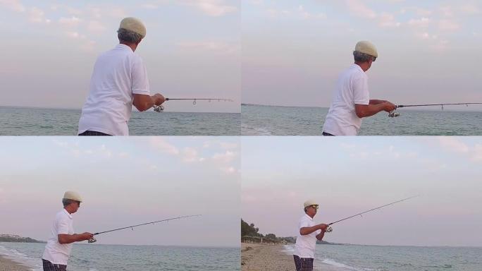 男子钓鱼。慢动作