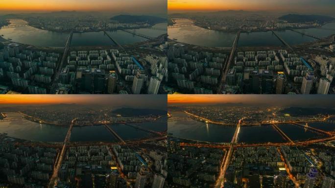 穿越汉江进入韩国首尔市N首尔塔的桥梁的延时日落景色