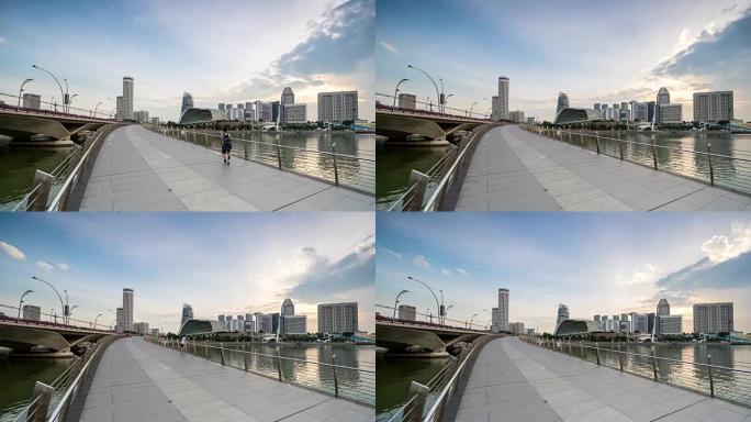 4k延时: 早晨的新加坡城市，人们在天际线上行走