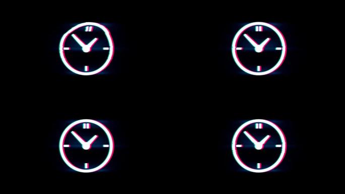 时钟手表符号上的故障复古复古动画。