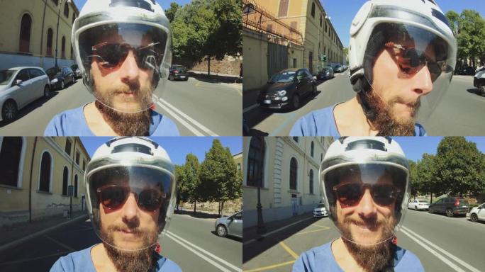 自拍踏板车骑行: 在罗马市中心的摩托车上