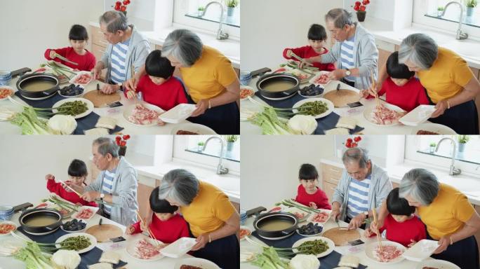 农历新年亚洲家庭烹饪的向下倾斜高角度镜头