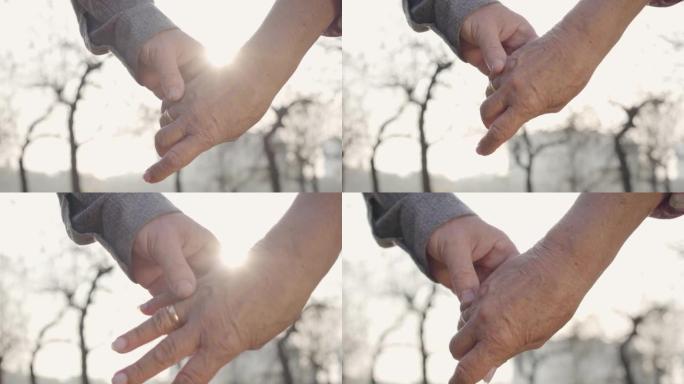 两只成熟的手在阳光下互相握持的特写镜头。高加索高级家庭的团结。一起衰老，永恒的爱情概念。