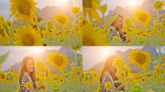 花园里的亚洲女性向日葵。