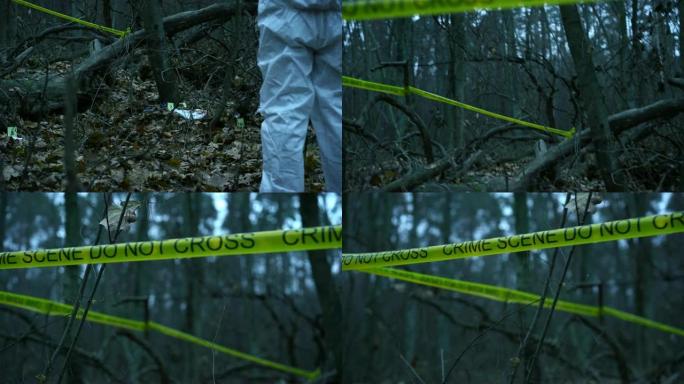 森林里的犯罪现场，地上散落着受害者的衣服，证据收集