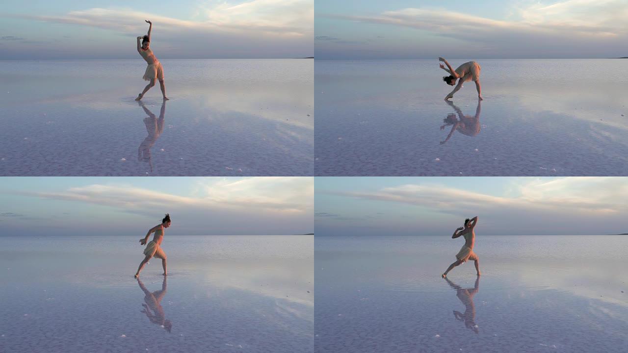 年轻的芭蕾舞演员在盐湖上独舞