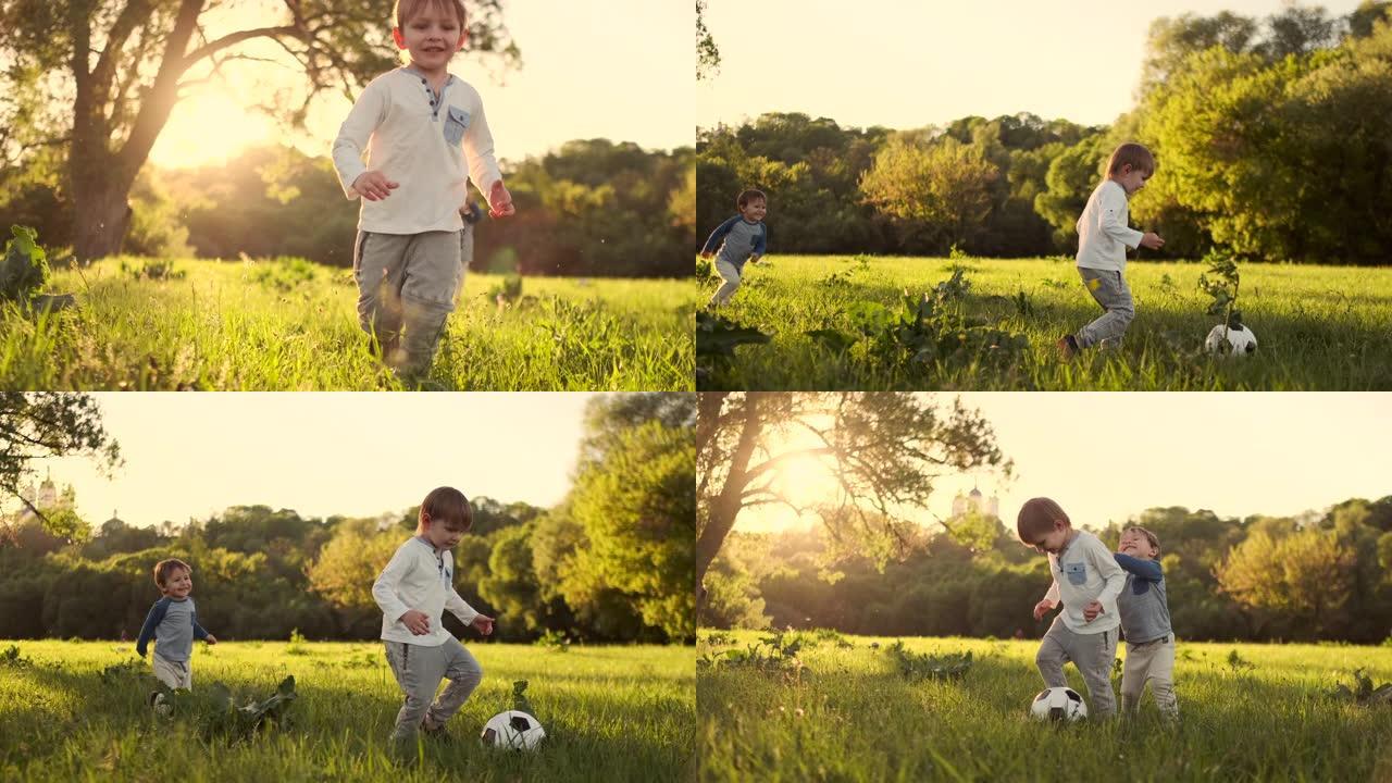 在慢动作中，一个带着足球的快乐男孩在日落时分跑到球场上，梦想着踢职业足球
