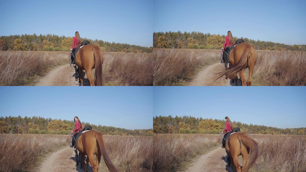 一位年轻的高加索女性马术运动员在土路上骑着黑马，手持棕色种马的笼头。穿着粉色衣服的专业骑师在户外度过