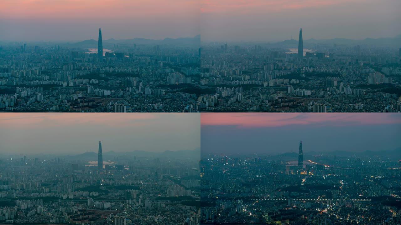 从南汉山城要塞出发，日夜在首尔的城市景观上延时。在韩国首尔市，摩天大楼的最佳景观以汉江为背景