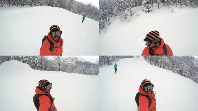 POV男子在与女友滑雪时制作视频