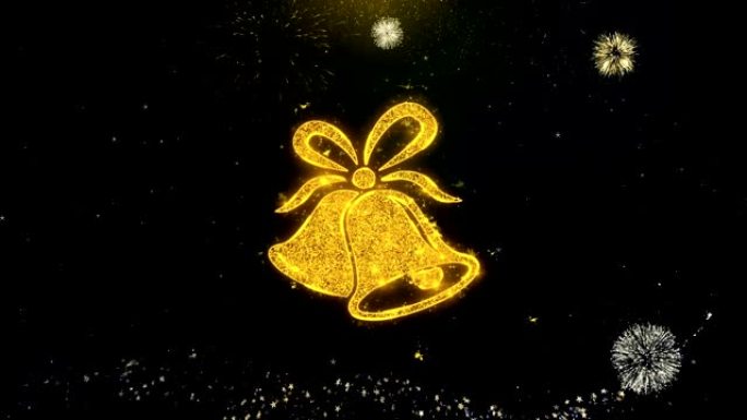 金色颗粒烟花表演上的圣诞丝带蝴蝶结钟声图标。