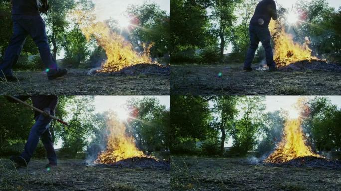 一个四十多岁的高加索人在户外用干草叉将木棍和树枝扔到一个大的燃烧燃烧堆上