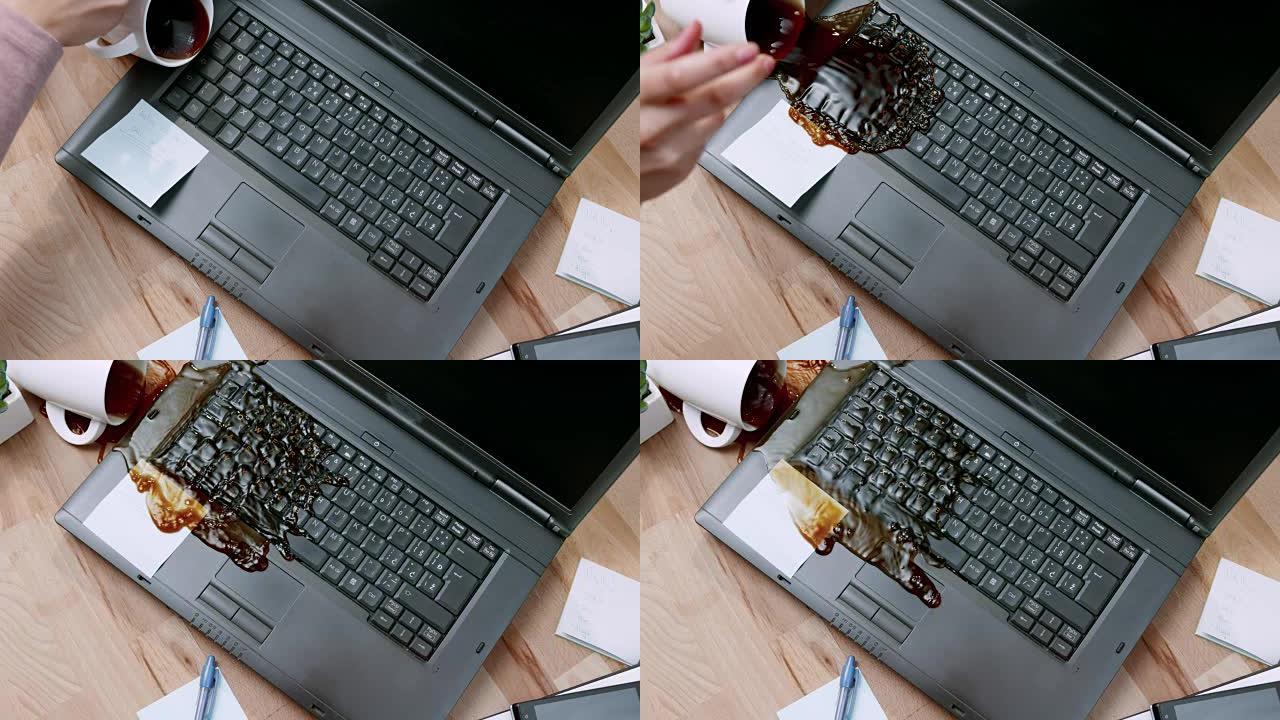 SLO MO LD女手不小心打翻了一杯茶，洒在笔记本电脑上