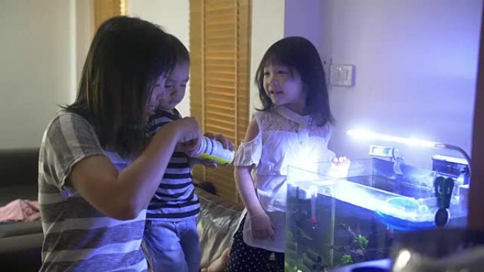 小男孩和女孩在水族馆鱼缸里喂鱼