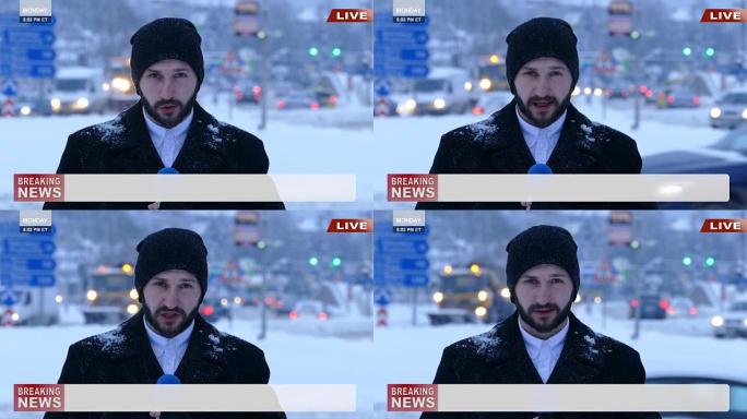 电视记者介绍镇上的积雪情况
