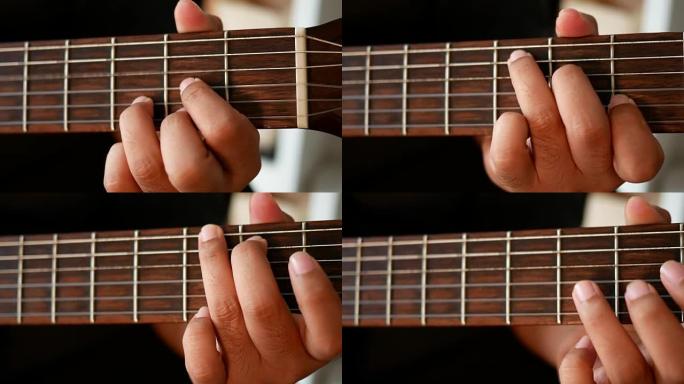 吉他手手的特写吉他练习和弦练习