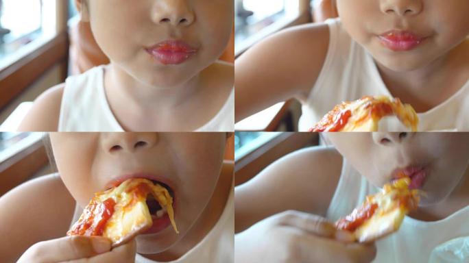 4K: 亚洲女孩吃披萨