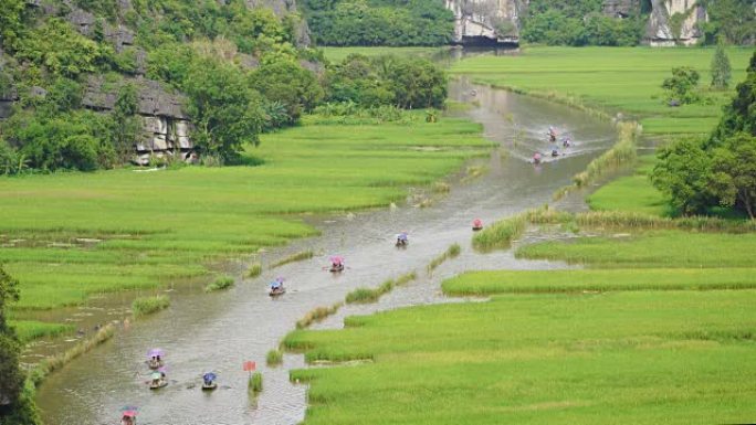 WS LD,游客船在越南Ninhban的TamCoc的 “Ngo Dong” 河上寻找水稻场;