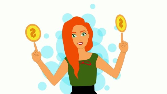 2D动画，白种人女人，红头发和绿色的眼睛站着，双手举起，手指上拿着美元符号。交易，在线，互联网，成功