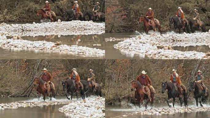 两名牛仔和女牛仔骑马过河