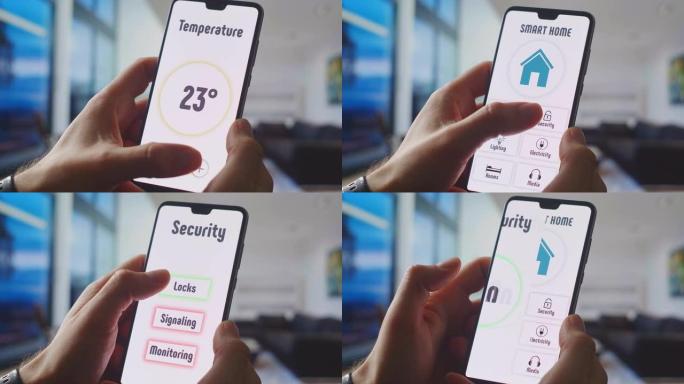 使用智能房屋控制使用手机控制家庭温度。手持智能手机，在客厅中安装用于控制安全系统的应用程序