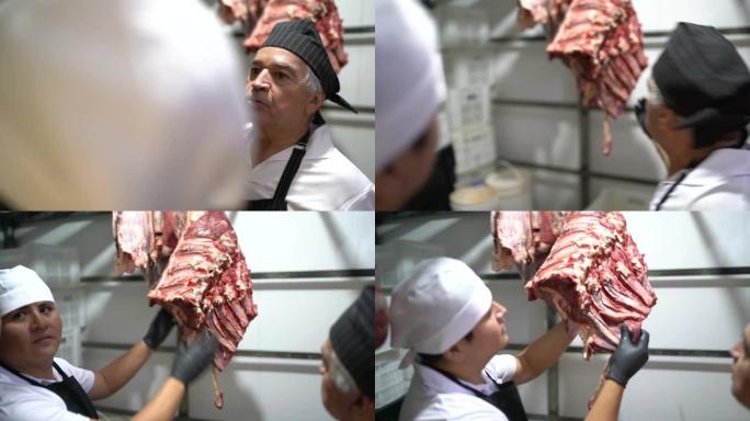 屠夫在肉柜中分析肉
